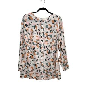 Rachel Zoe womens 1X floral linen button down long sleeve tunic blouse Lagenlook